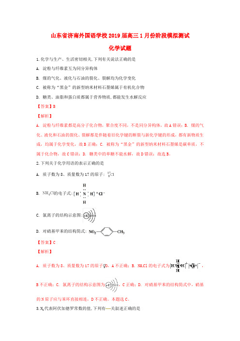 山东省济南外国语学校2019届高三化学1月份阶段模拟测试试卷(含解析)