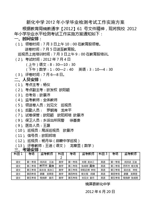 2012年小学毕业检测考试工作安排