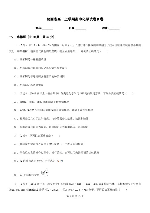 陕西省高一上学期期中化学试卷B卷(考试)