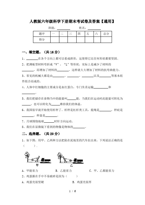 人教版六年级科学下册期末考试卷及答案【通用】