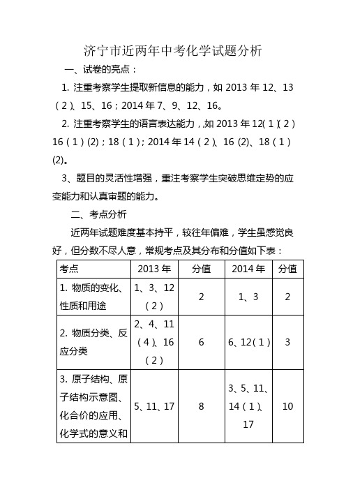 济宁市近两年中考化学试题分析