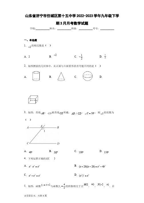 山东省济宁市任城区第十五中学2022-2023学年九年级下学期3月月考数学试题