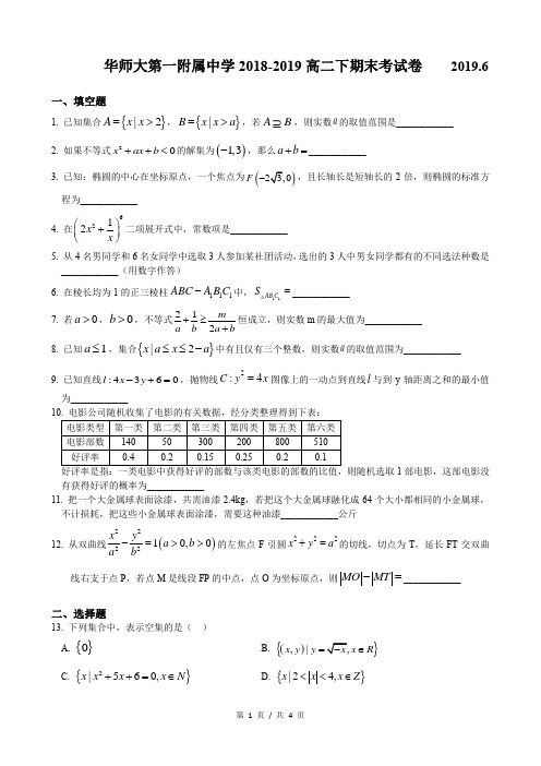 2018-2019年上海市华一附中高二下期末数学试卷及答案