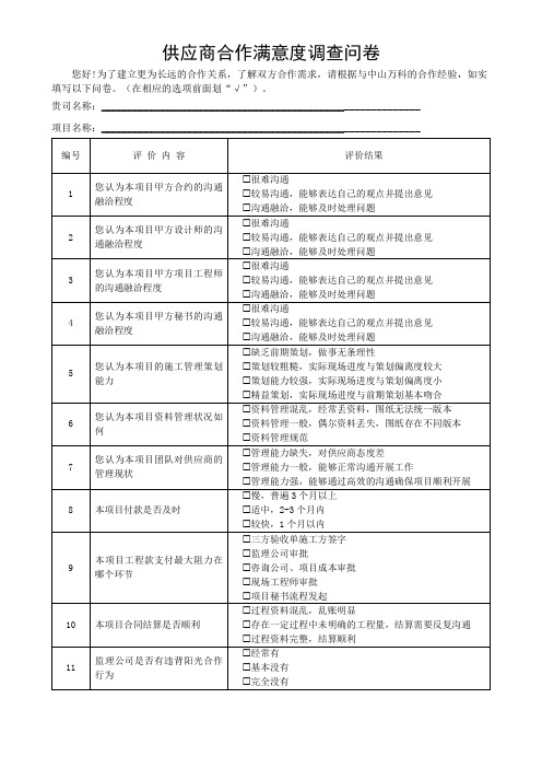 工程项目供应商合作满意度调查问卷反馈表(可修改)