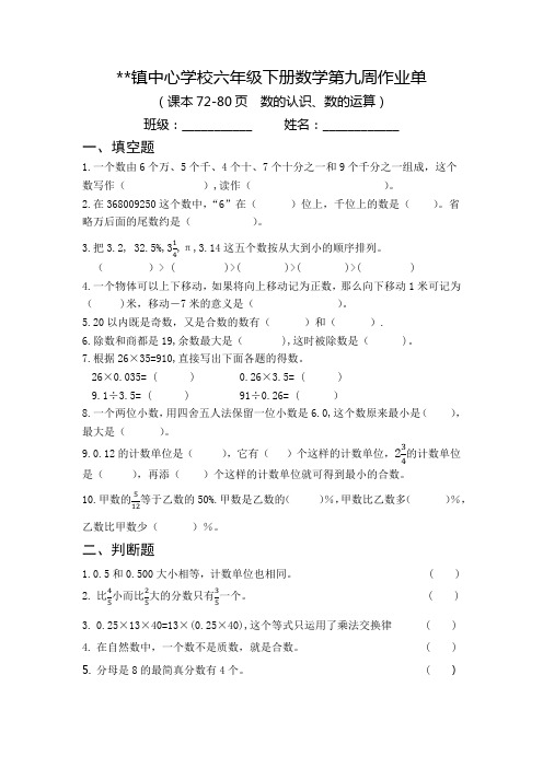 部编版数学六年级下册第九周作业单