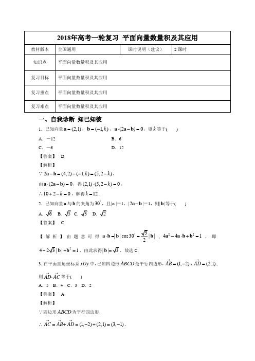 【2018年高考一轮课程】文科数学  全国通用版  平面向量数量积及其应用 教案