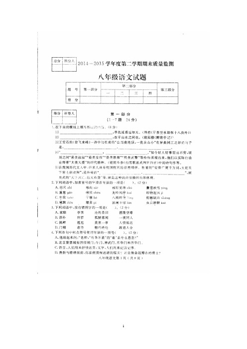 河北省定州市2014-2015学年八年级下学期期末考试 语文试题(扫描版)及答案