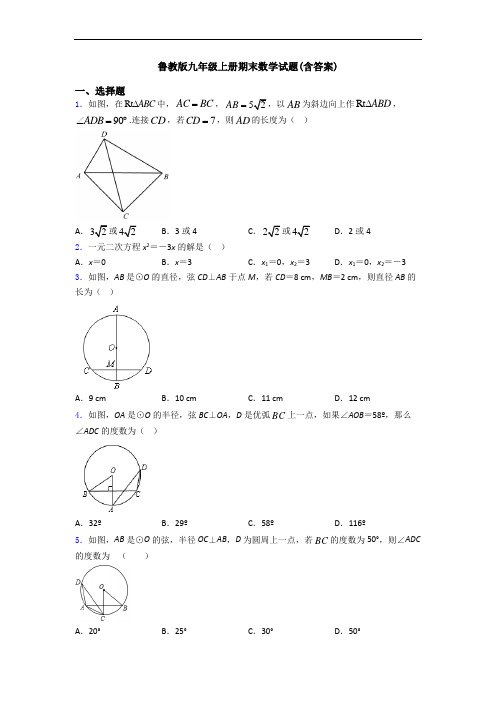 鲁教版九年级上册期末数学试题(含答案)