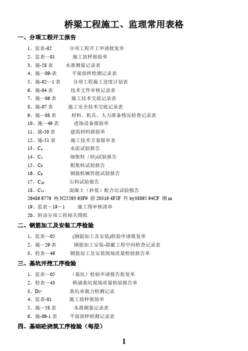 (最新版)桥梁工程施工、监理常用表格