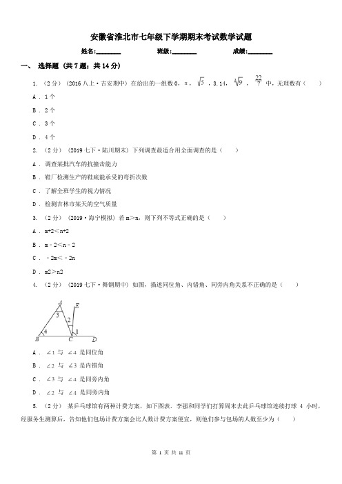 安徽省淮北市七年级下学期期末考试数学试题 