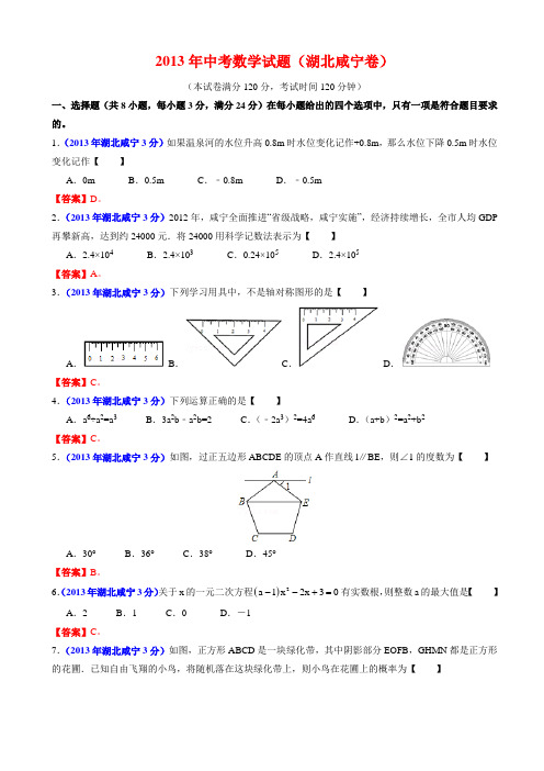 湖北省咸宁市2013年中考数学试题(有答案)