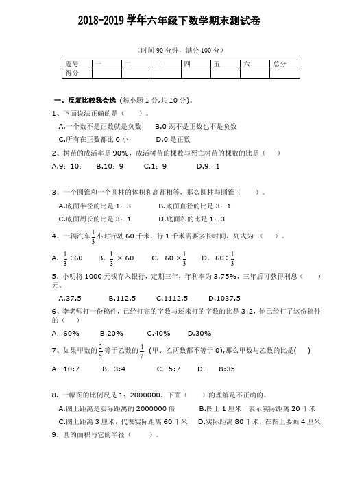 2018-2019学年人教版六年级下册数学期末试卷 (含答案)