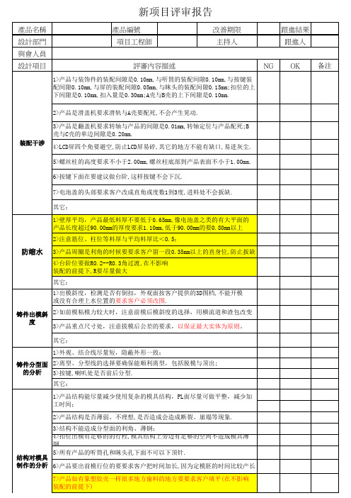 锌合金压铸产品评审表