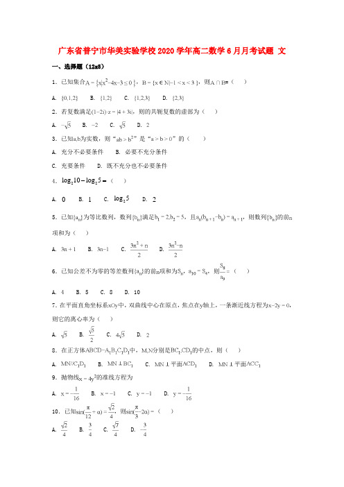 广东省普宁市华美实验学校2020学年高二数学6月月考试题 文