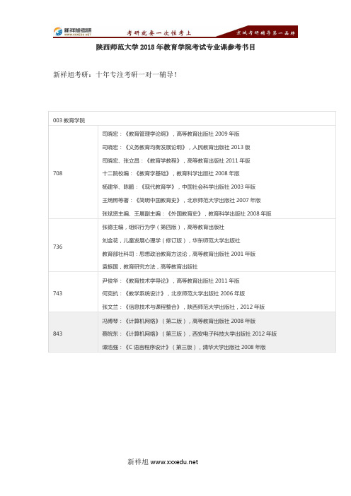 陕西师范大学2018年教育学院考试专业课参考书目-【新祥旭考研】