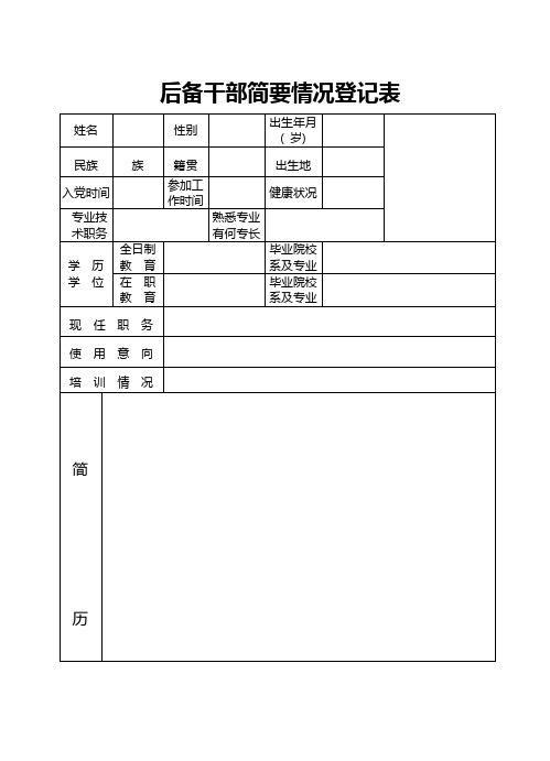 后备干部简要情况登记表(样本)