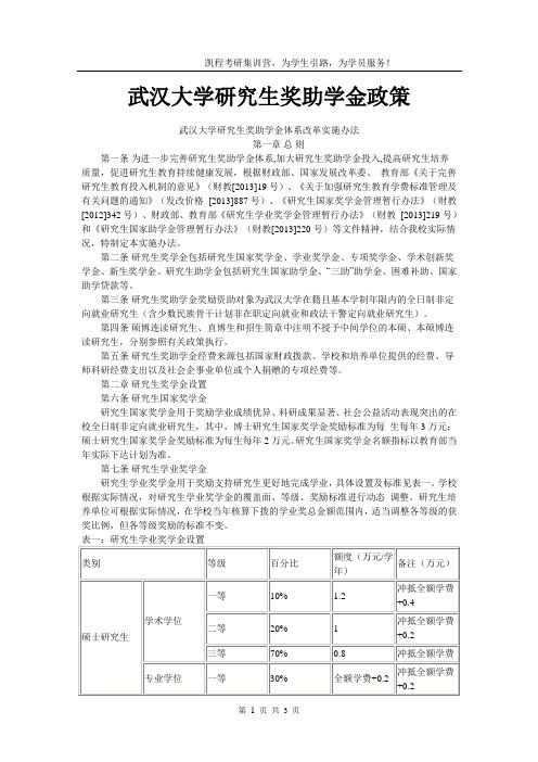 (完整版)武汉大学研究生奖助学金政策