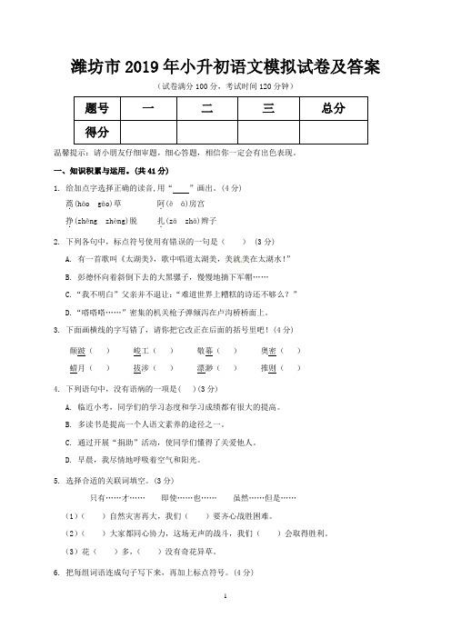 潍坊市2019年小升初语文模拟试卷及答案