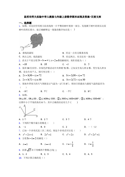 昆明市师大实验中学人教版七年级上册数学期末试卷及答案-百度文库