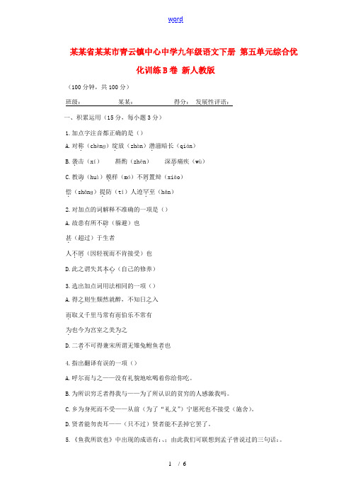 山东省临沂市青云镇中心中学九年级语文下册 第五单元综合优化训练B卷 新人教版