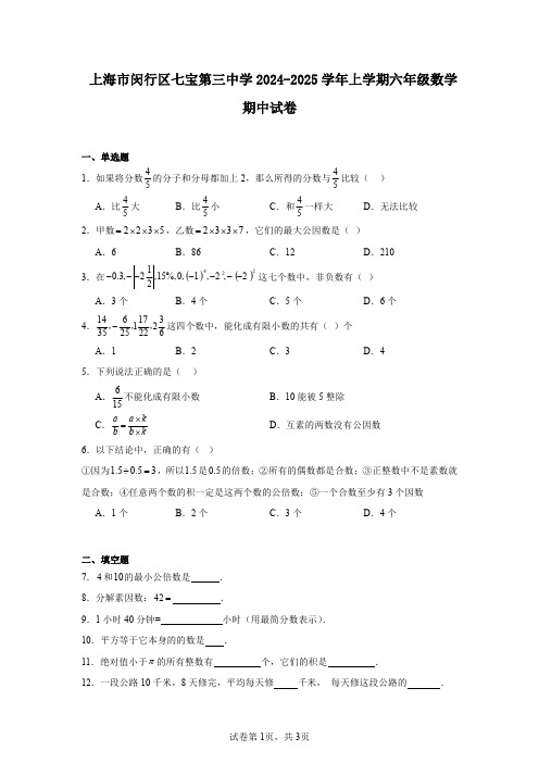 上海市闵行区七宝第三中学2024-2025学年上学期六年级数学期中试卷