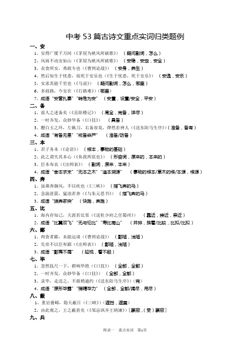 2015年中考53篇古诗文重点实词归类题例