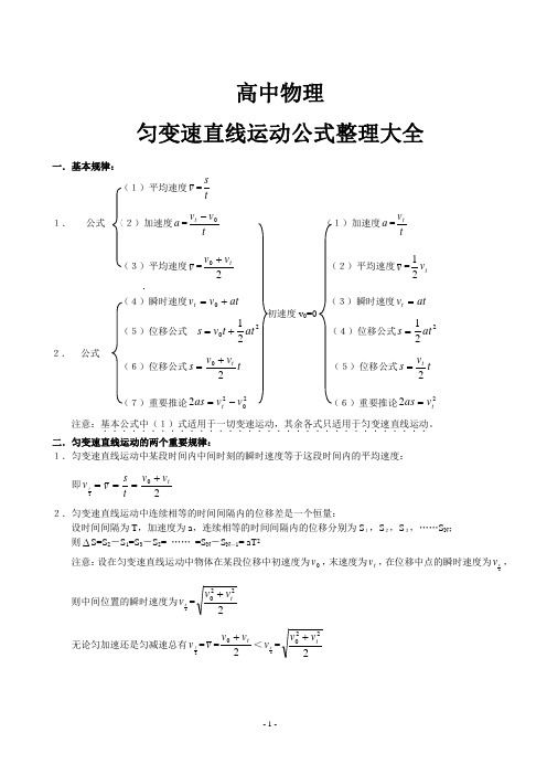 高中物理   匀变速直线运动公式整理大全