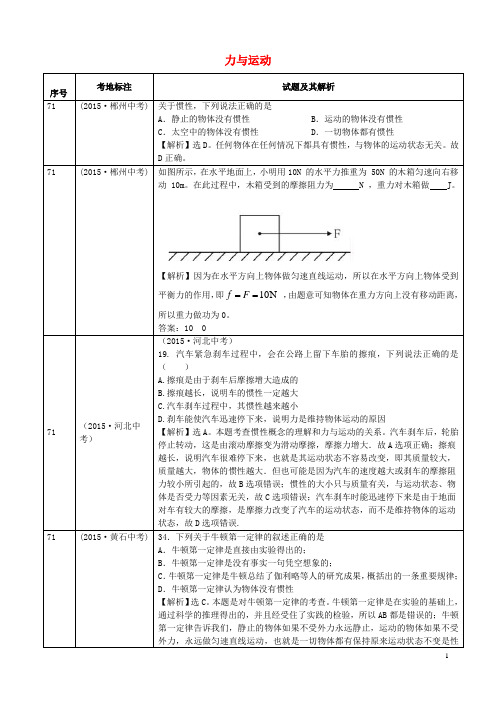 全国2015年中考物理真题分类汇编力与运动2