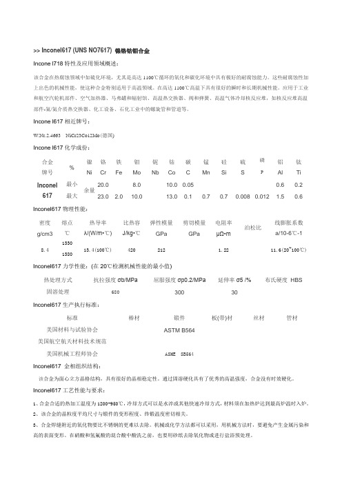 Inconel617 (UNS NO7617) 镍铬钴钼合金