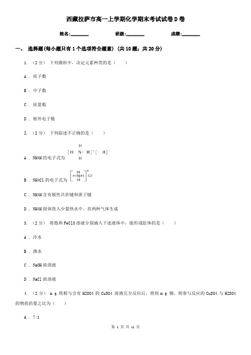 西藏拉萨市高一上学期化学期末考试试卷D卷