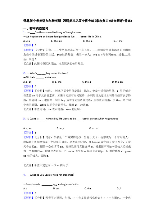 译林版中考英语九年级英语 冠词复习巩固专讲专练(章末复习+综合测评+答案)