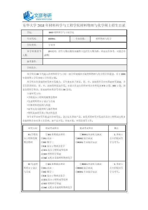 东华大学2018年材料科学与工程学院材料物理与化学硕士招生目录