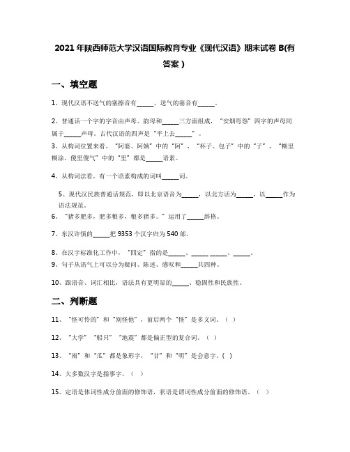 2021年陕西师范大学汉语国际教育专业《现代汉语》期末试卷B(有答案)