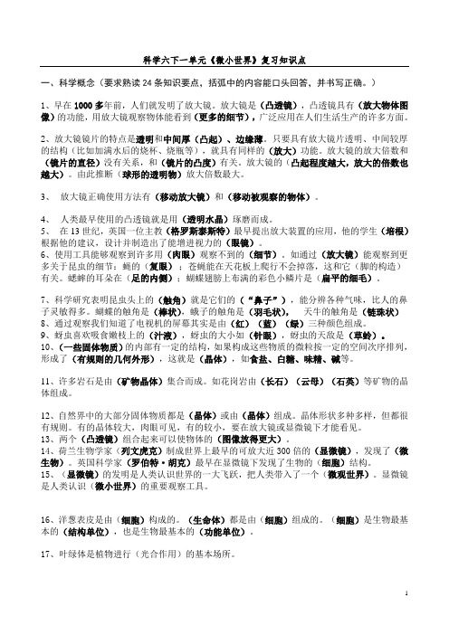 教科版六年级下册科学第一单元微小世界复习资料及练习题(附答案)