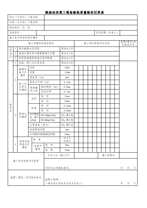 换热站安装工程检验批质量验收记录表