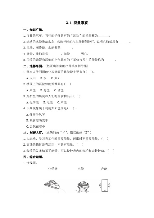 湘科版六年级上册科学3.1《 能量家族》同步练习》(含答案)