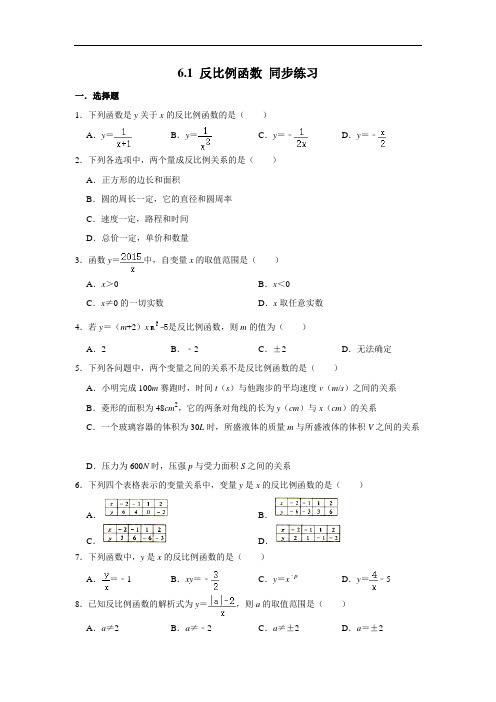 北师大版九年级上册数学 6.1 反比例函数 同步练习(含解析)