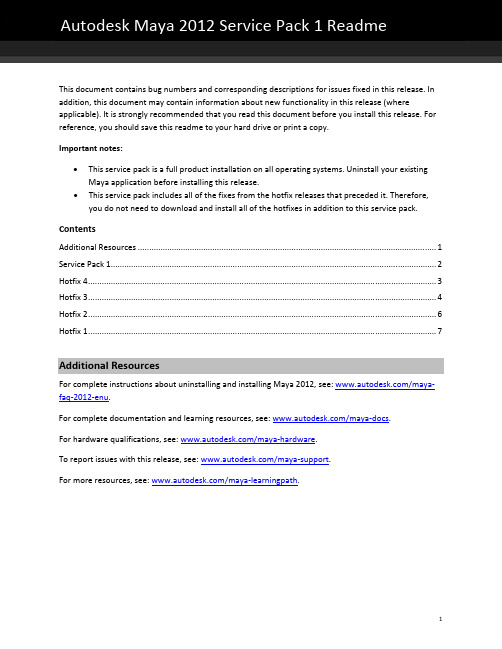 Autodesk Maya 2012 Service Pack 1 更新说明书