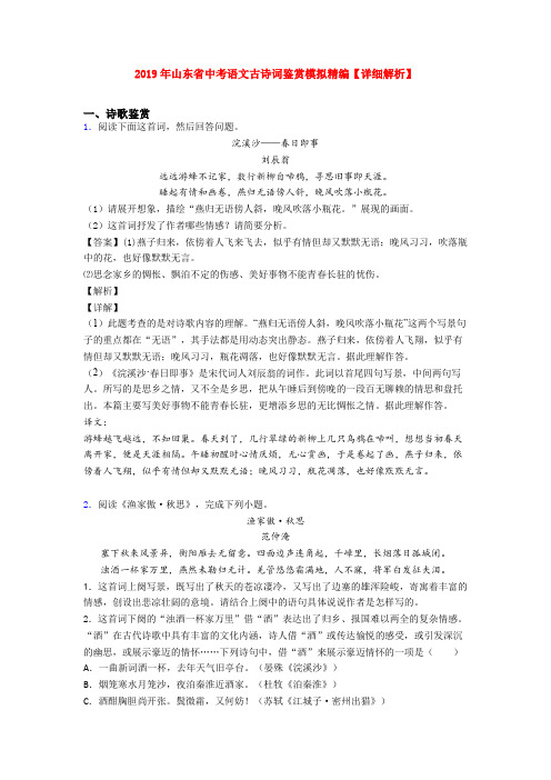 2019年山东省中考语文古诗词鉴赏模拟精编【详细解析】