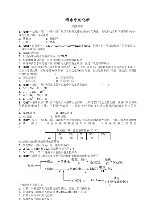 鲁教版2018年中考化学复习第一部分九全第三单元海水中的化学随堂演练