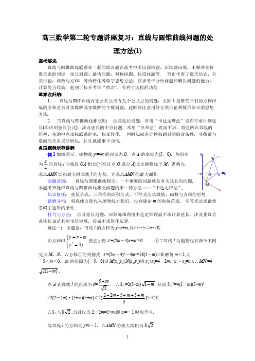 高三数学第二轮专题讲座复习：直线与圆锥曲线问题的处理方法(1)