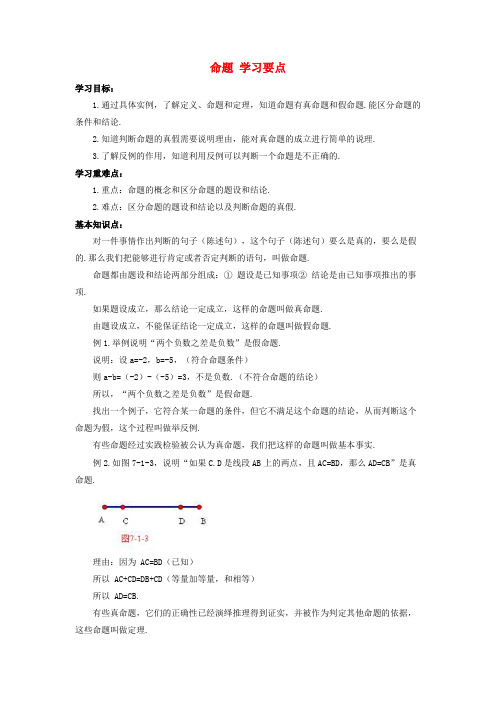 天宁区第二中学七年级数学下册第七章相交线与平行线7.1命题学习要点素材新版冀教版