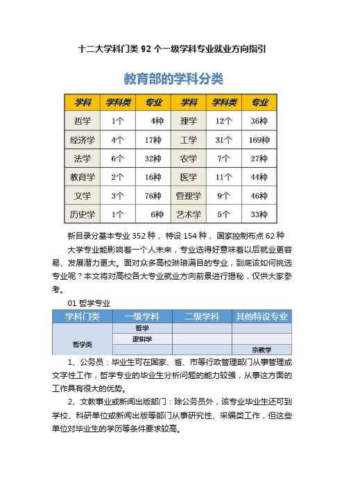 十二大学科门类92个一级学科专业就业方向指引