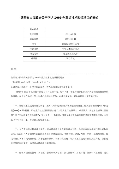 陕西省人民政府关于下达1999年重点技术改造项目的通知-陕政发[1999]20号