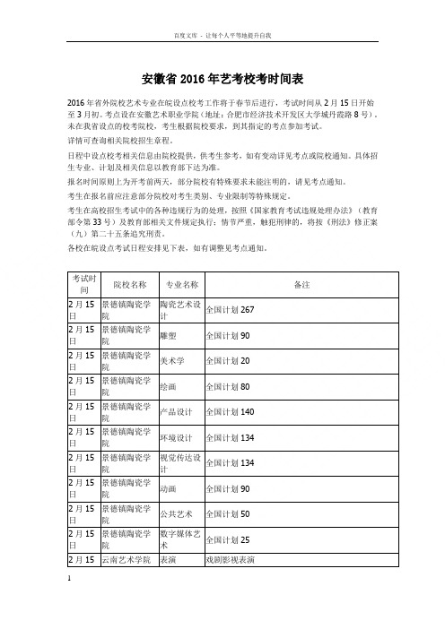 安徽省2016年艺考校考时间表