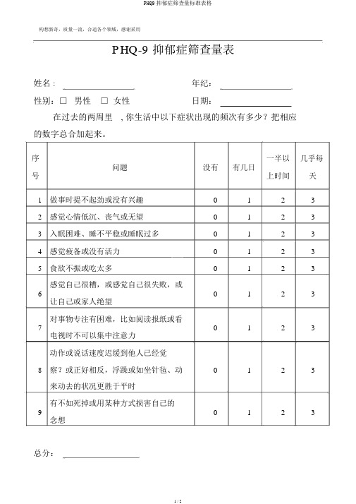 PHQ9抑郁症筛查量标准表格