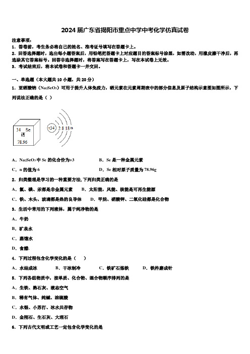 2024届广东省揭阳市重点中学中考化学仿真试卷含解析