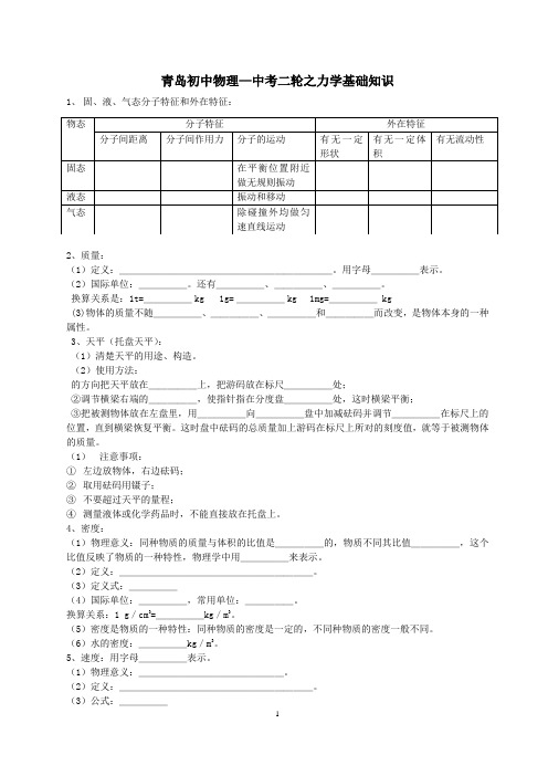 青岛初中物理--中考二轮之力学基础知识