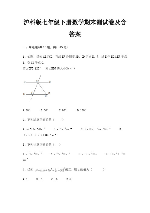 (完美版)沪科版七年级下册数学期末测试卷及含答案(配有卷)