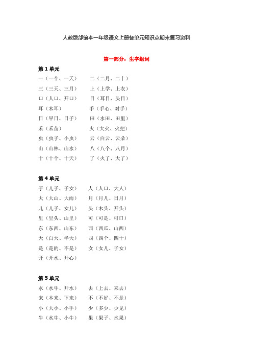 人教版部编本一年级语文上册各单元知识点期末复习资料